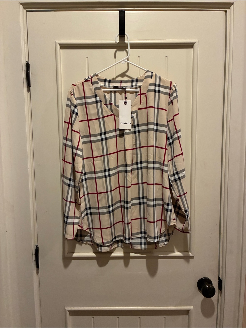 Classic Plaid Long-Sleeve Top - Beige/Red/Black NWT